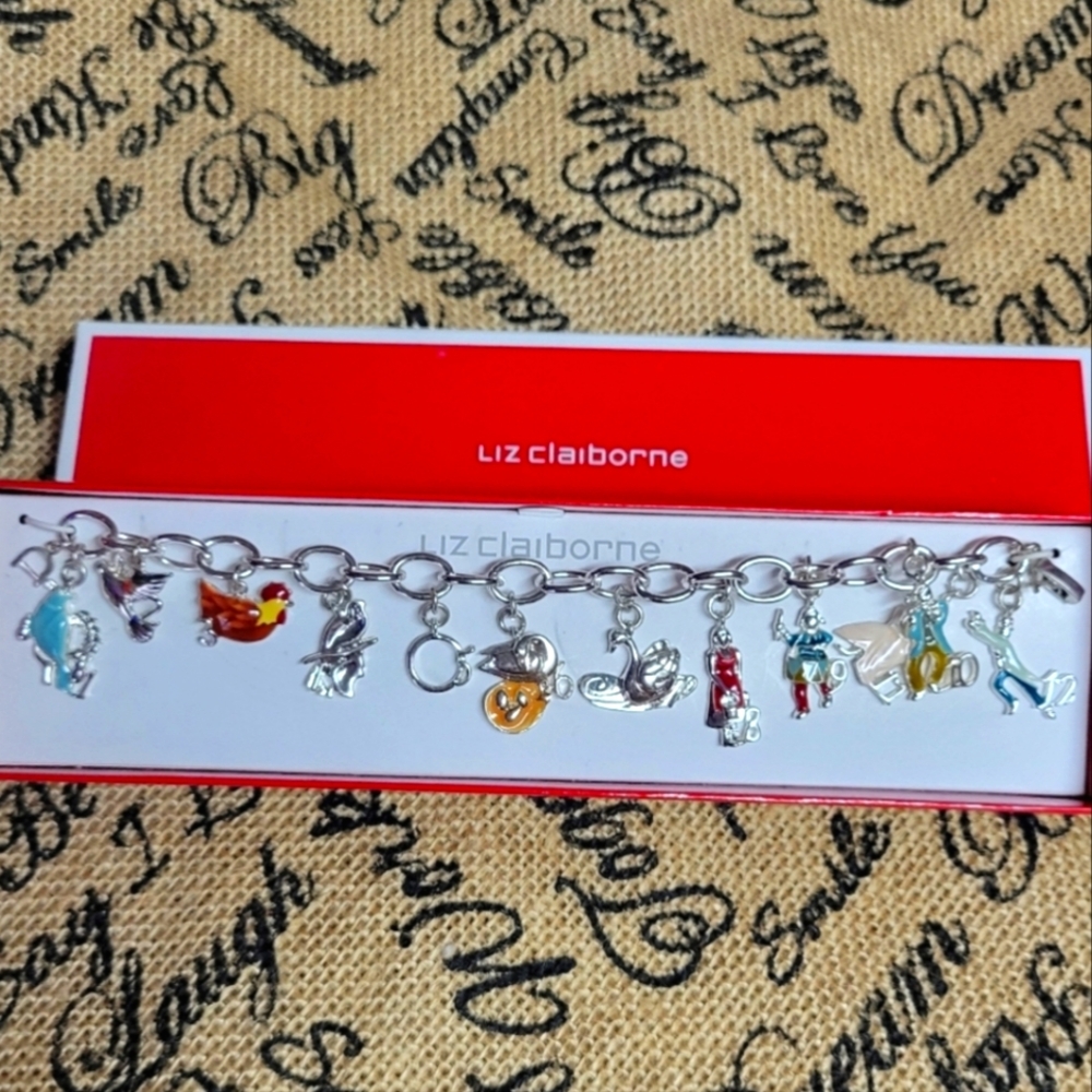 Vintage Liz Claiborne charm bracelet silver tone metal